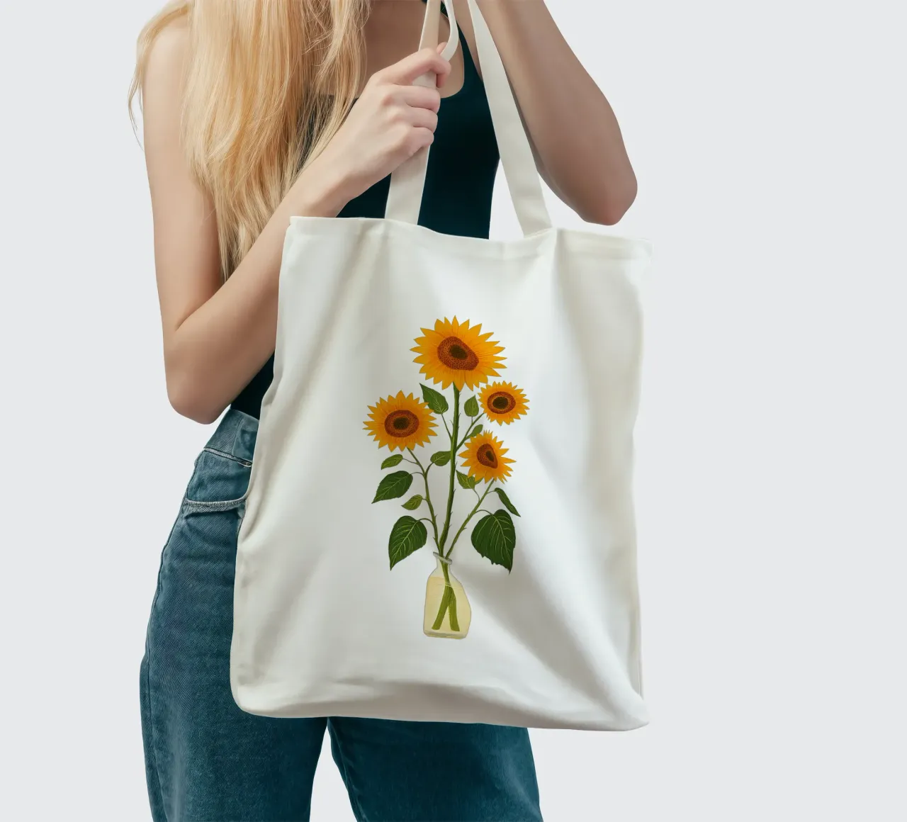 Sunflowers in a glass vase tote bag by Curious Canvas