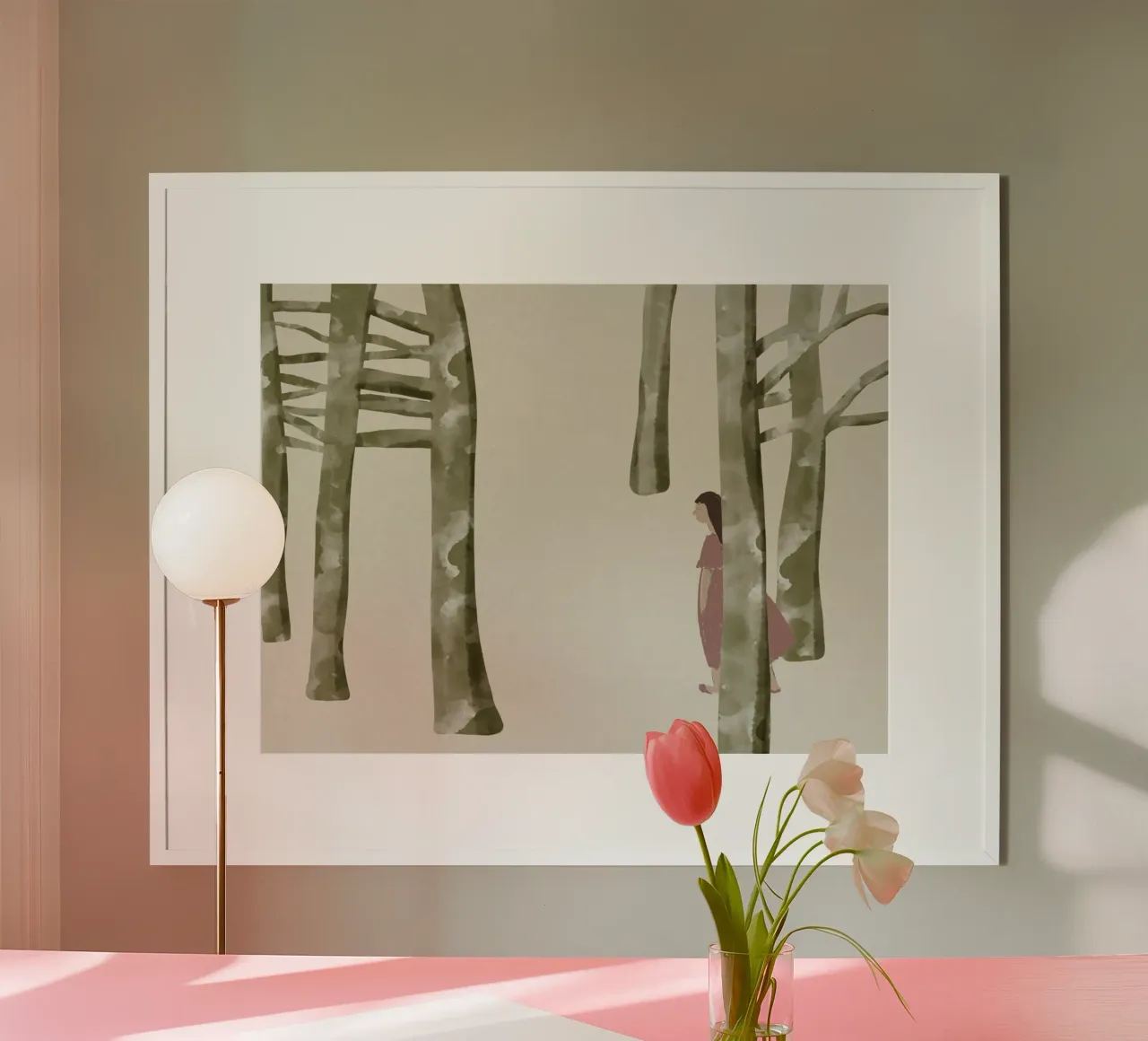 Das Mädchen im Pyjama, das im Wald umherwandert Poster mit Kunststoffrahmen von Little Dean