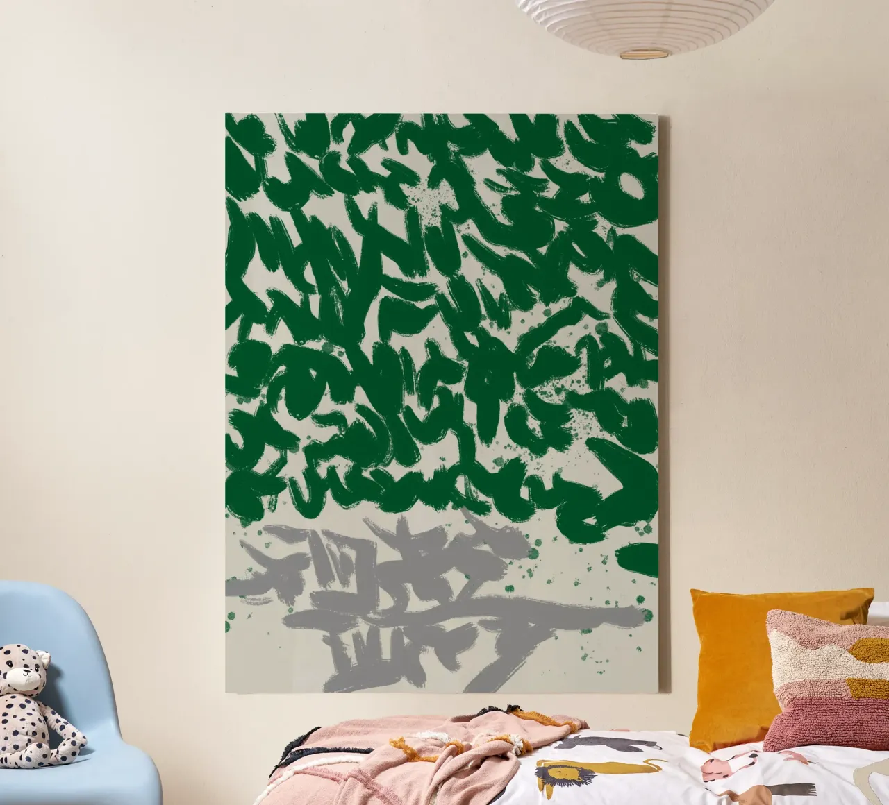 Expressieve abstracte penseelstreken in groen canvas van Little Dean