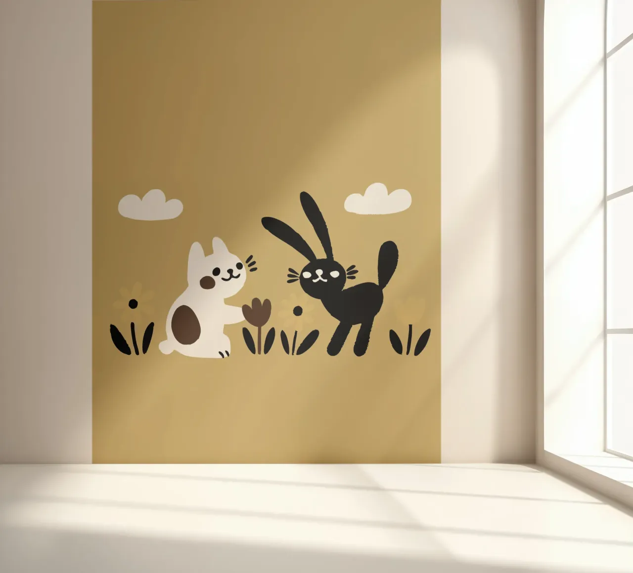 Katze und Kaninchen spielen Fototapete von TRENDY POSTER SHOP
