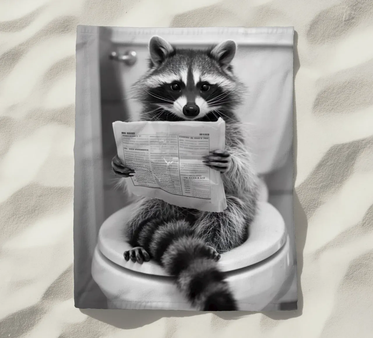 Raccoon On toilet beach towel by christal shop