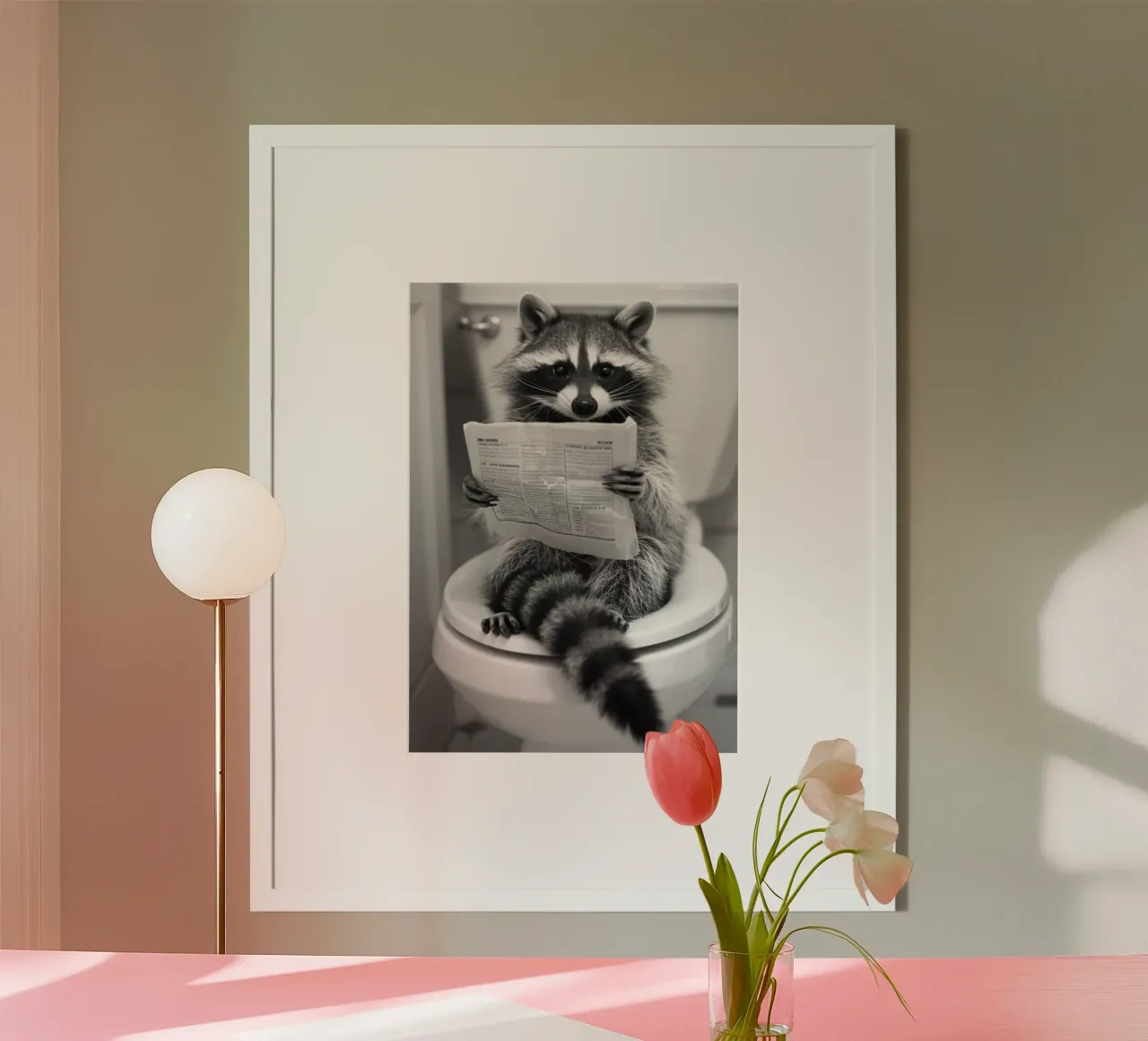 Procione sul water poster con telaio in legno da christal shop