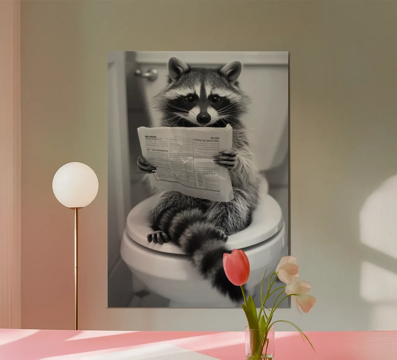 Procione sul water poster con telaio in legno da christal shop