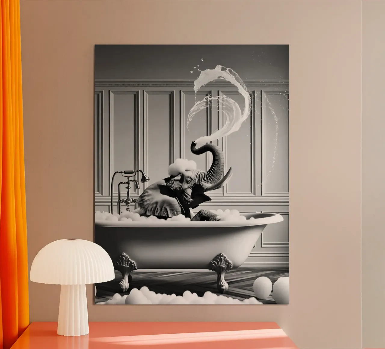 Elefante che gioca con l'acqua poster con telaio in legno da christal shop