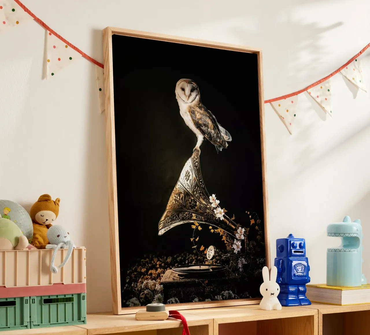 Grammophone Owl canvas met Baklijst van Wouter Rikken