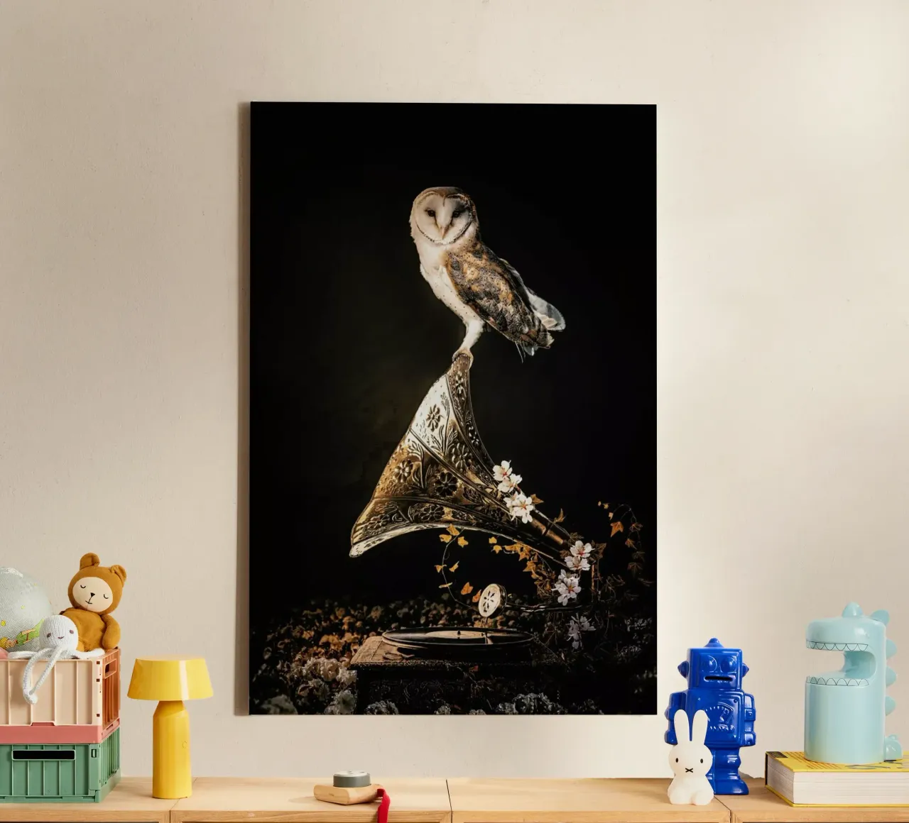 Grammophone Owl canvas met Baklijst van Wouter Rikken