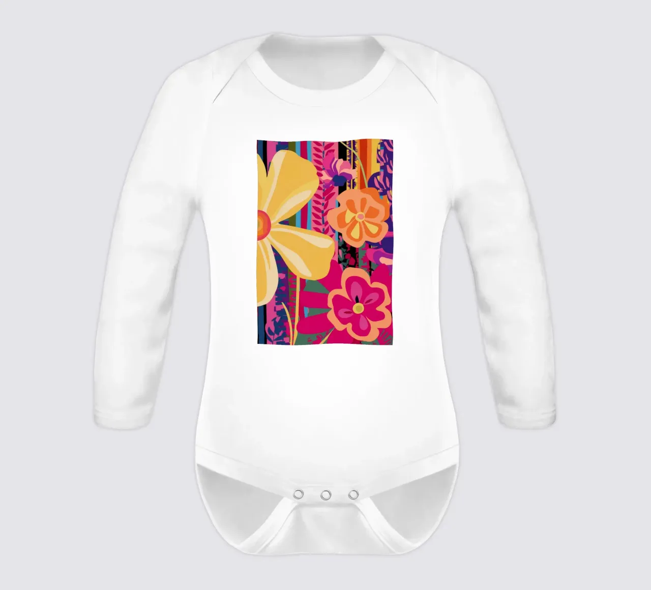 Chromatic Petal Symphony long-sleeve baby romper by Pake Nebula