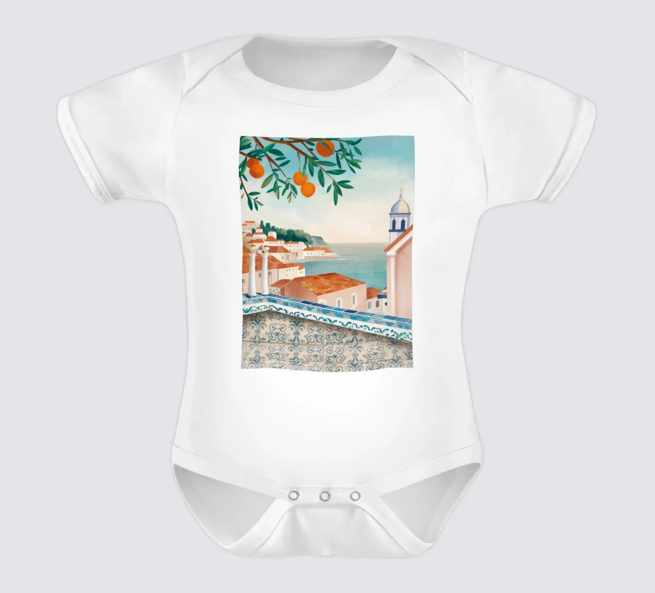 Azure Bay Overlook short-sleeve baby romper by Pake Nebula