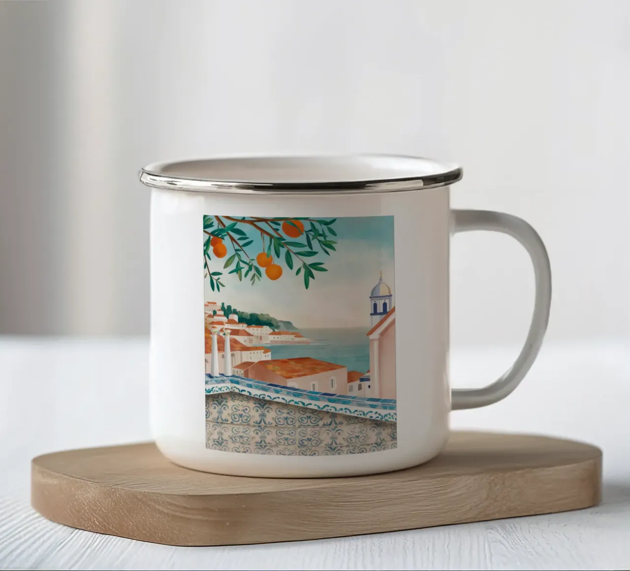 Vue de la baie d'Azure mug en émail de Pake Nebula