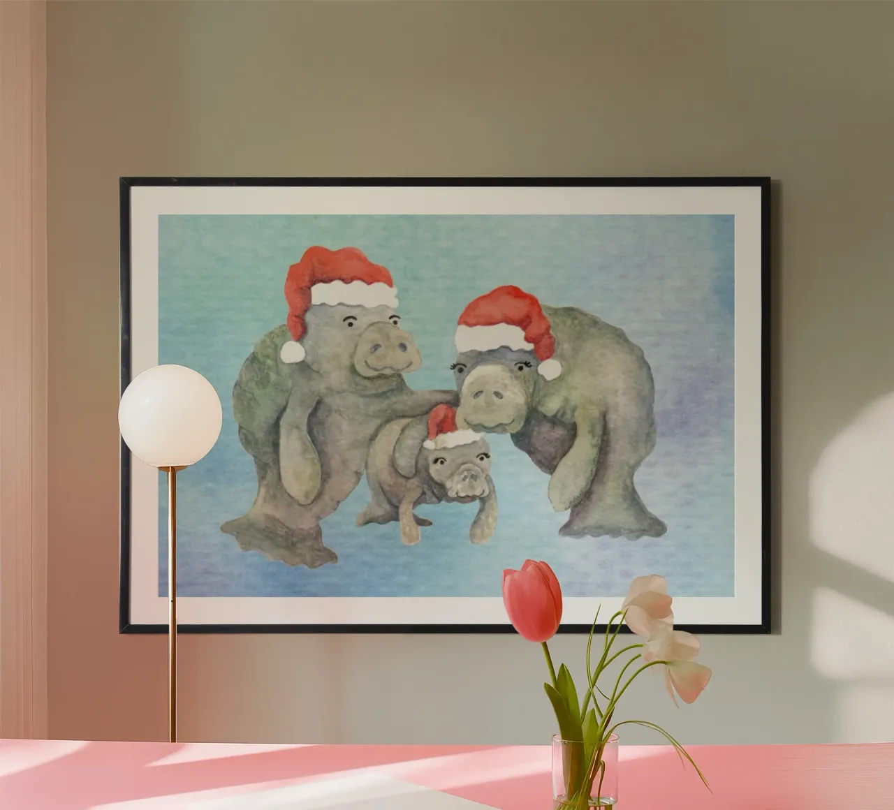 Christmas Manatees poster con telaio in plastica da KP Design
