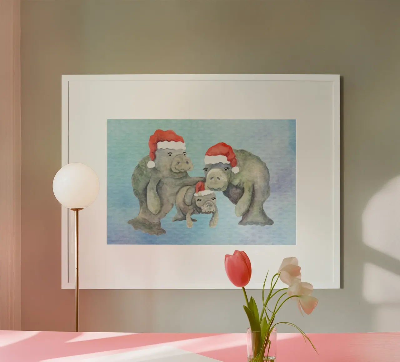 Christmas Manatees poster con telaio in plastica da KP Design
