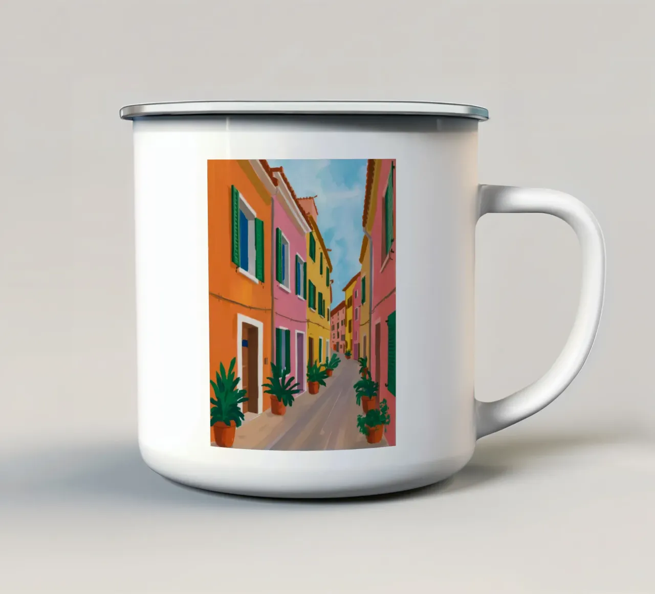 Fascino del vicolo dello zafferano tazza in smalto da Murni Strokes