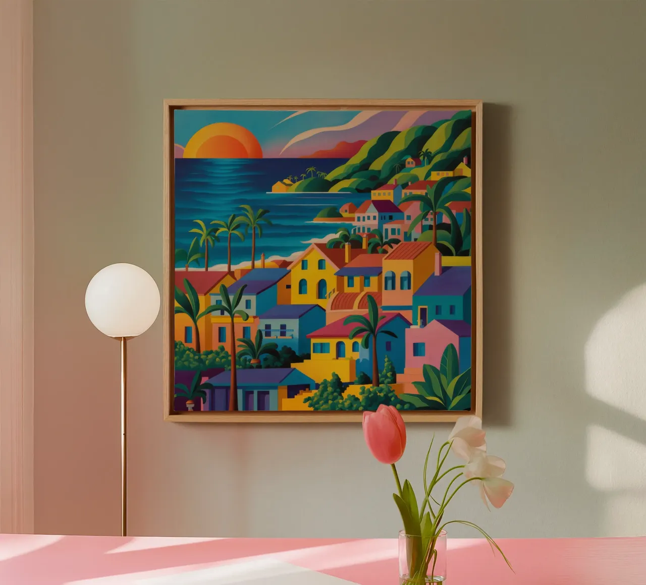 Sunset haven dorp canvas met Baklijst van Pake Nebula