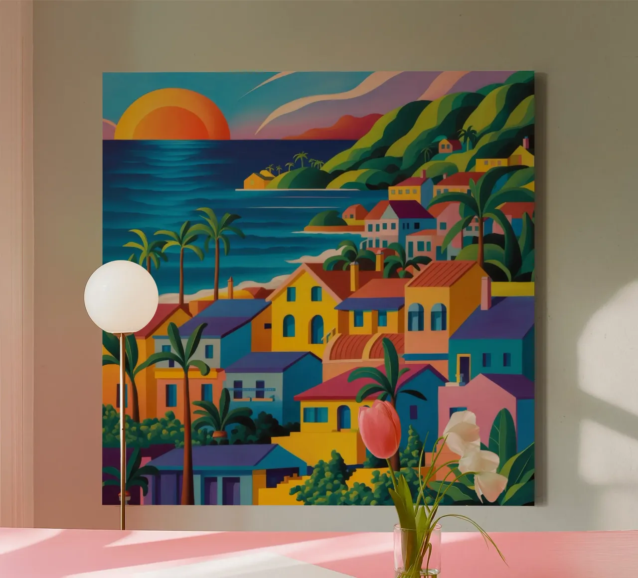Sunset haven dorp canvas met Baklijst van Pake Nebula