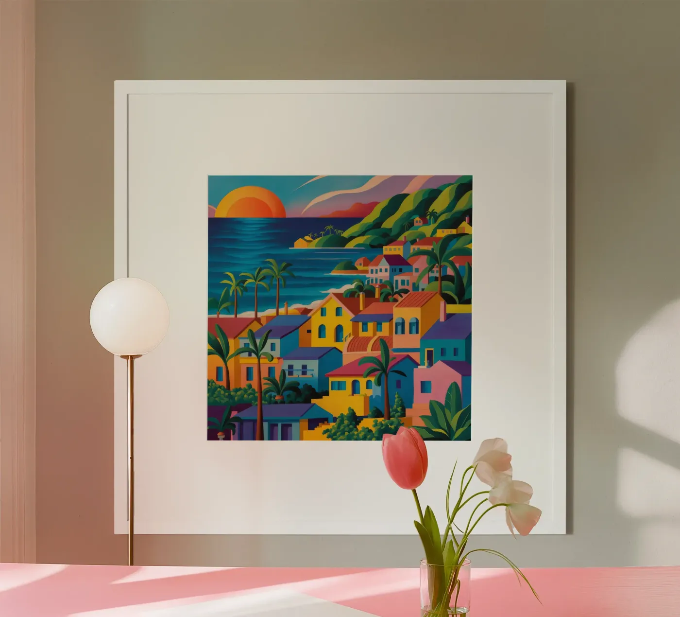 Sunset haven dorp poster van Pake Nebula