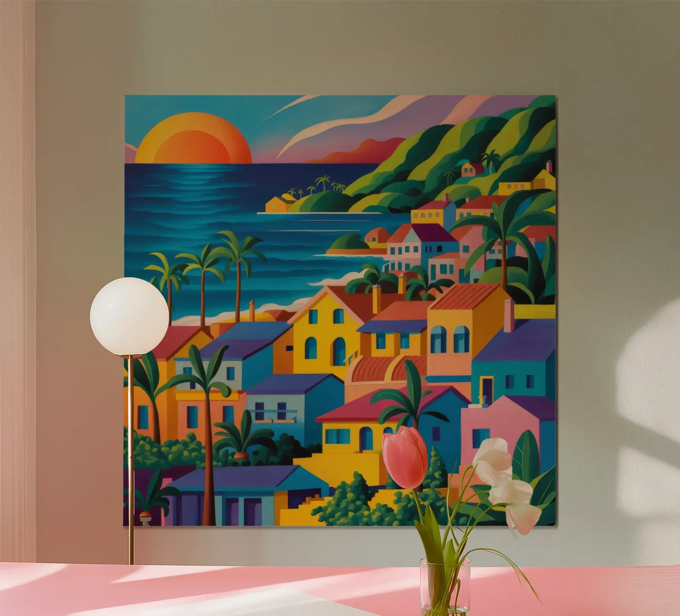 Sunset haven dorp poster van Pake Nebula