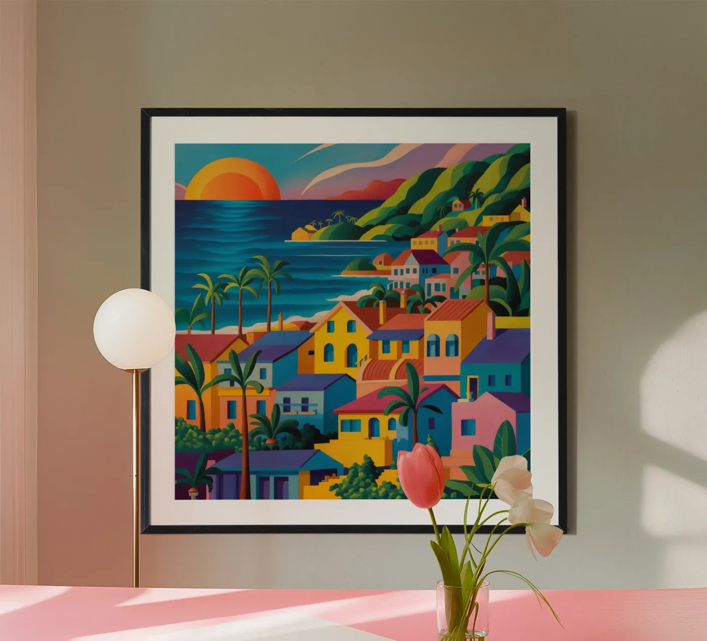 Sunset haven dorp poster van Pake Nebula