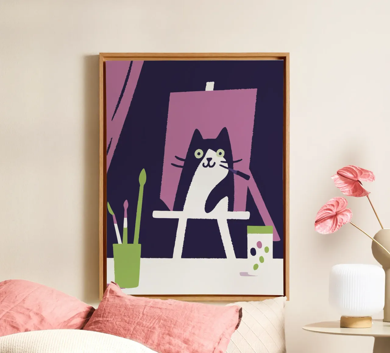 Gatto che dipinge tela con Cornice a cassetta da TRENDY POSTER SHOP