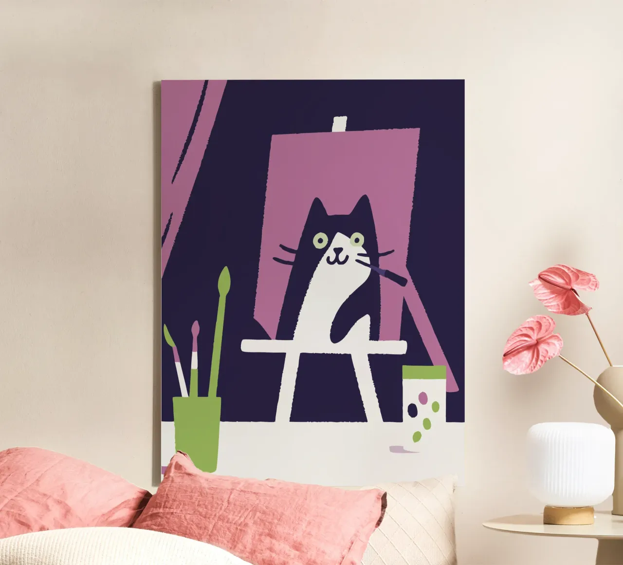 Gatto che dipinge tela con Cornice a cassetta da TRENDY POSTER SHOP