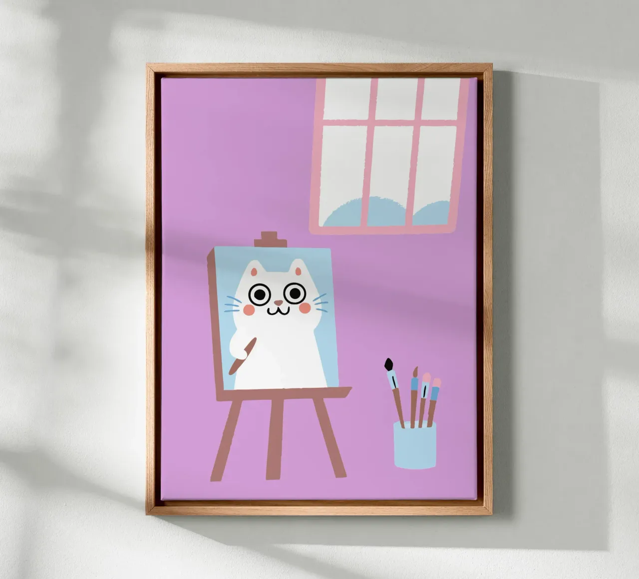 Gatto che dipinge tela con Cornice a cassetta da TRENDY POSTER SHOP