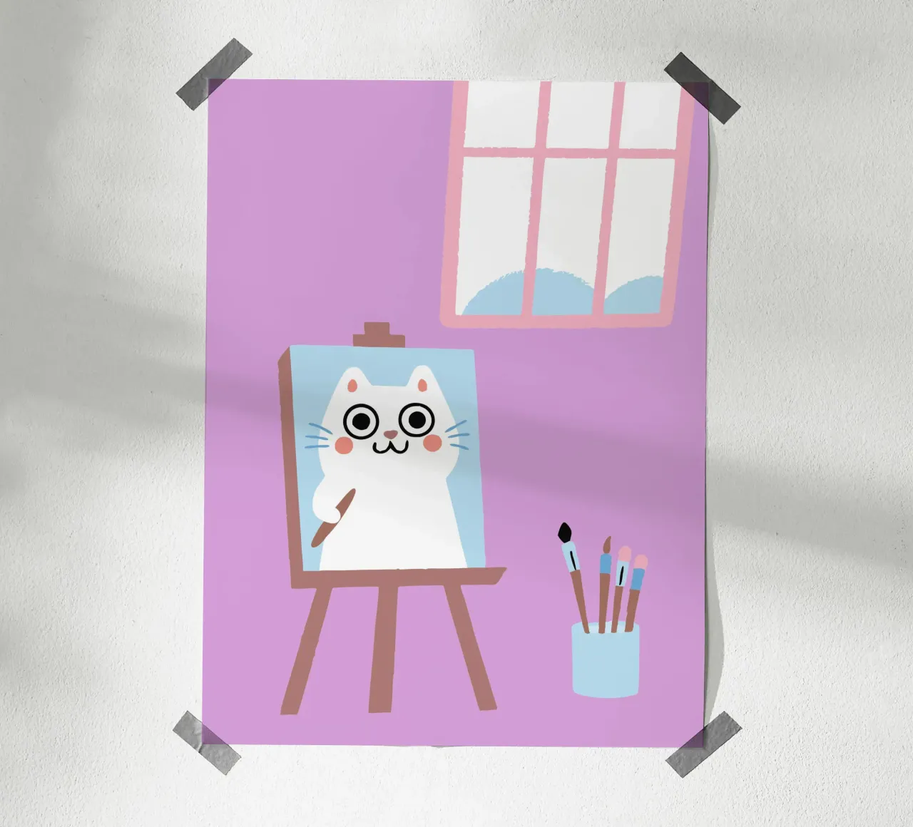 Gatto che dipinge poster con telaio in legno da TRENDY POSTER SHOP