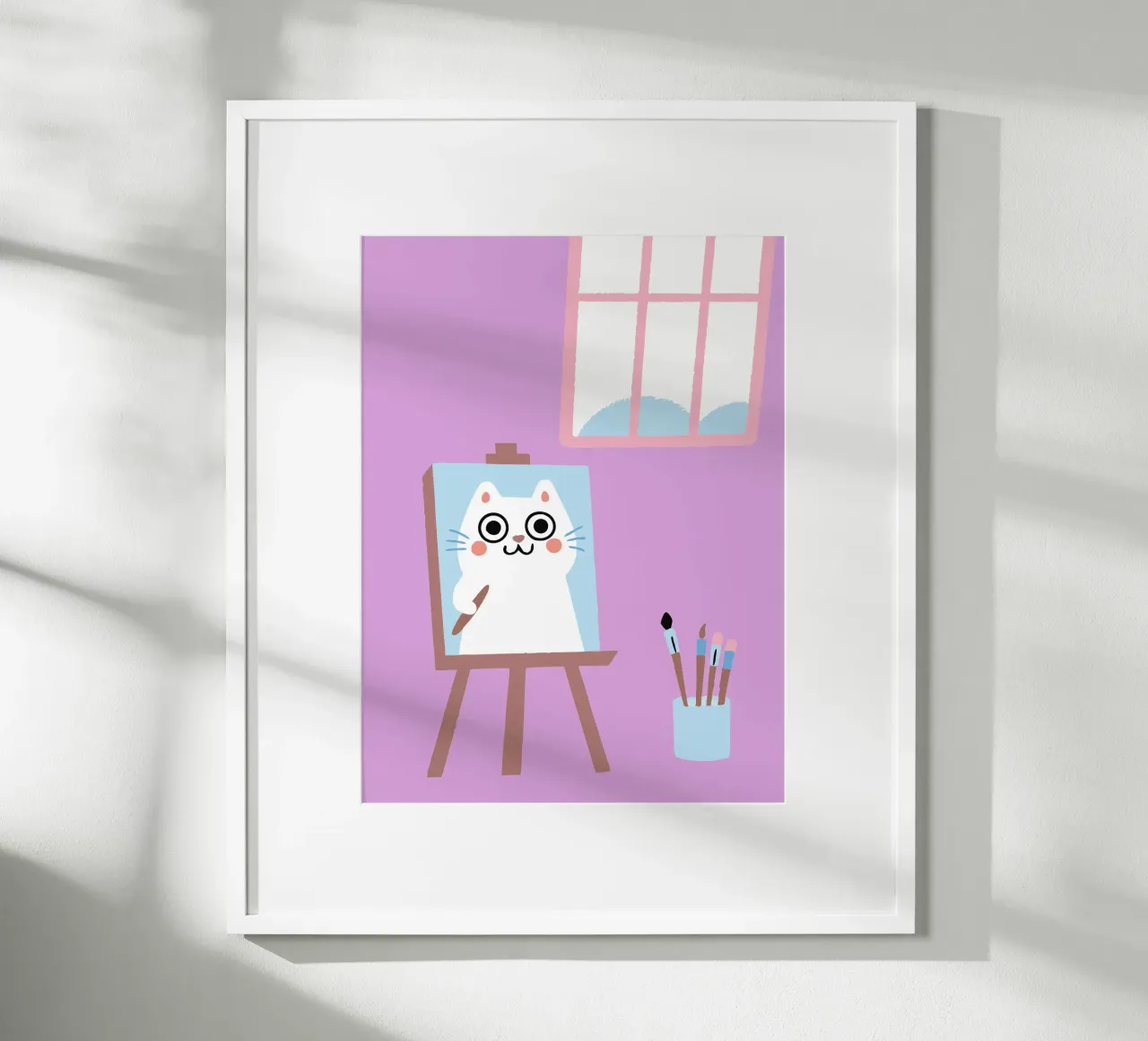 Gatto che dipinge poster con telaio in legno da TRENDY POSTER SHOP