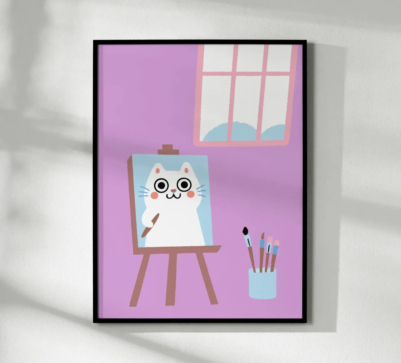 Gatto che dipinge poster con telaio in legno da TRENDY POSTER SHOP
