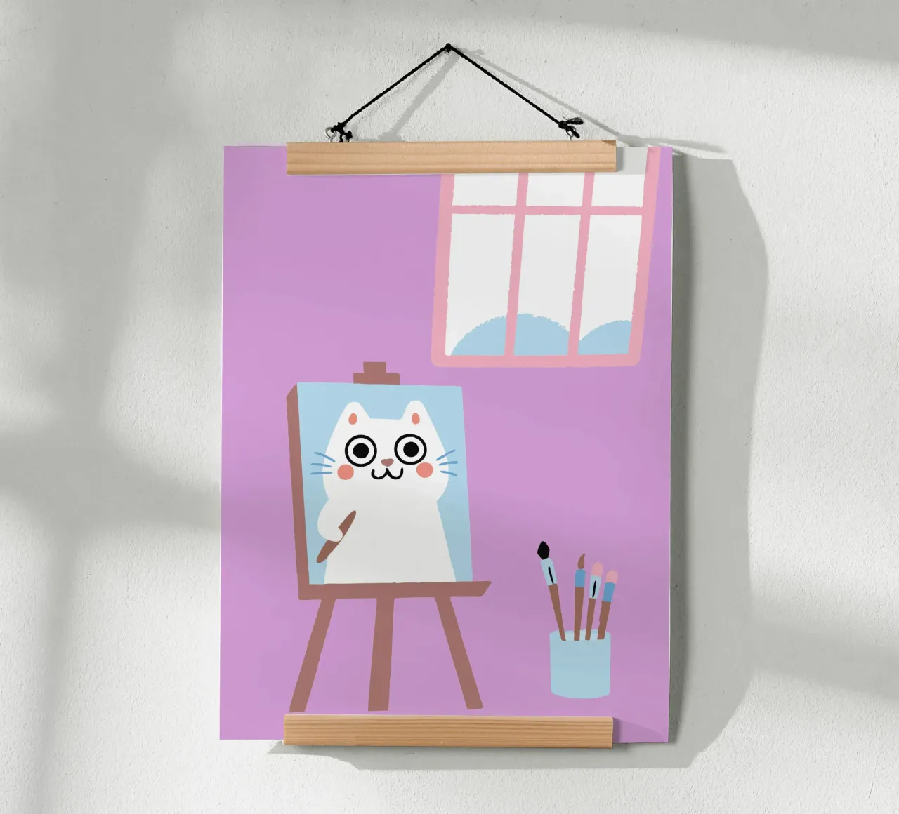 Gatto che dipinge poster con telaio in legno da TRENDY POSTER SHOP