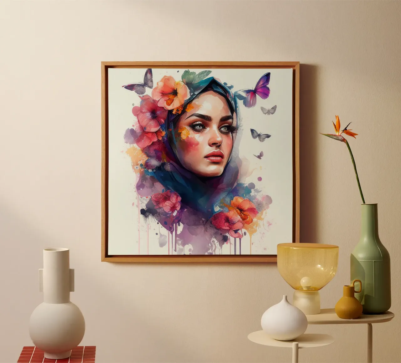 Acquerello floreale Donna araba tela con Cornice a cassetta da Chromatic Fusion Studio