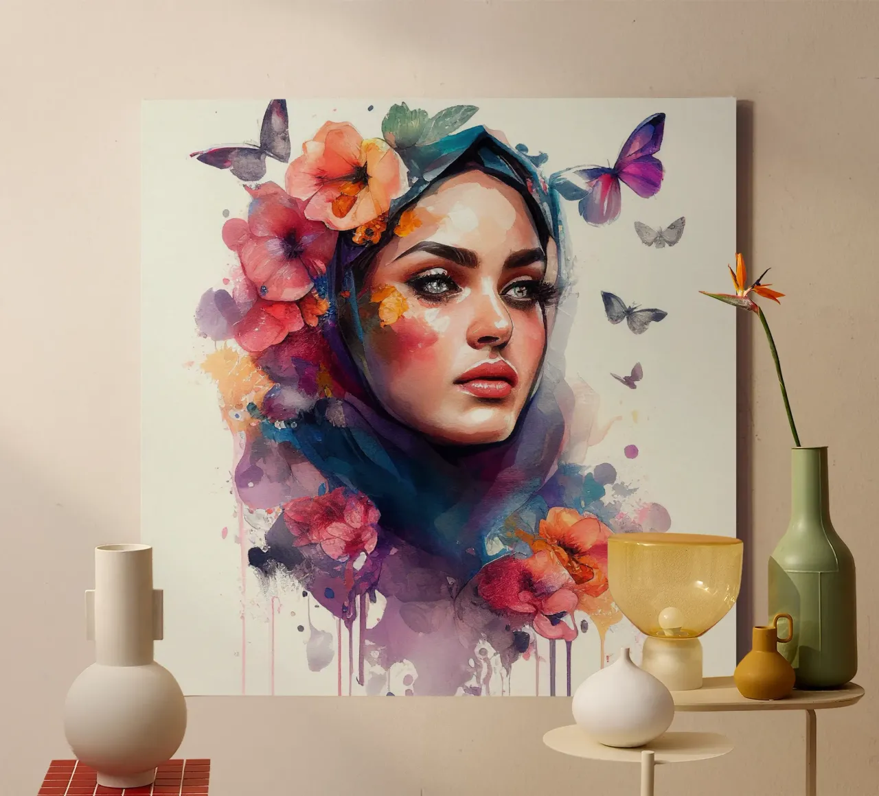 Acquerello floreale Donna araba tela con Cornice a cassetta da Chromatic Fusion Studio