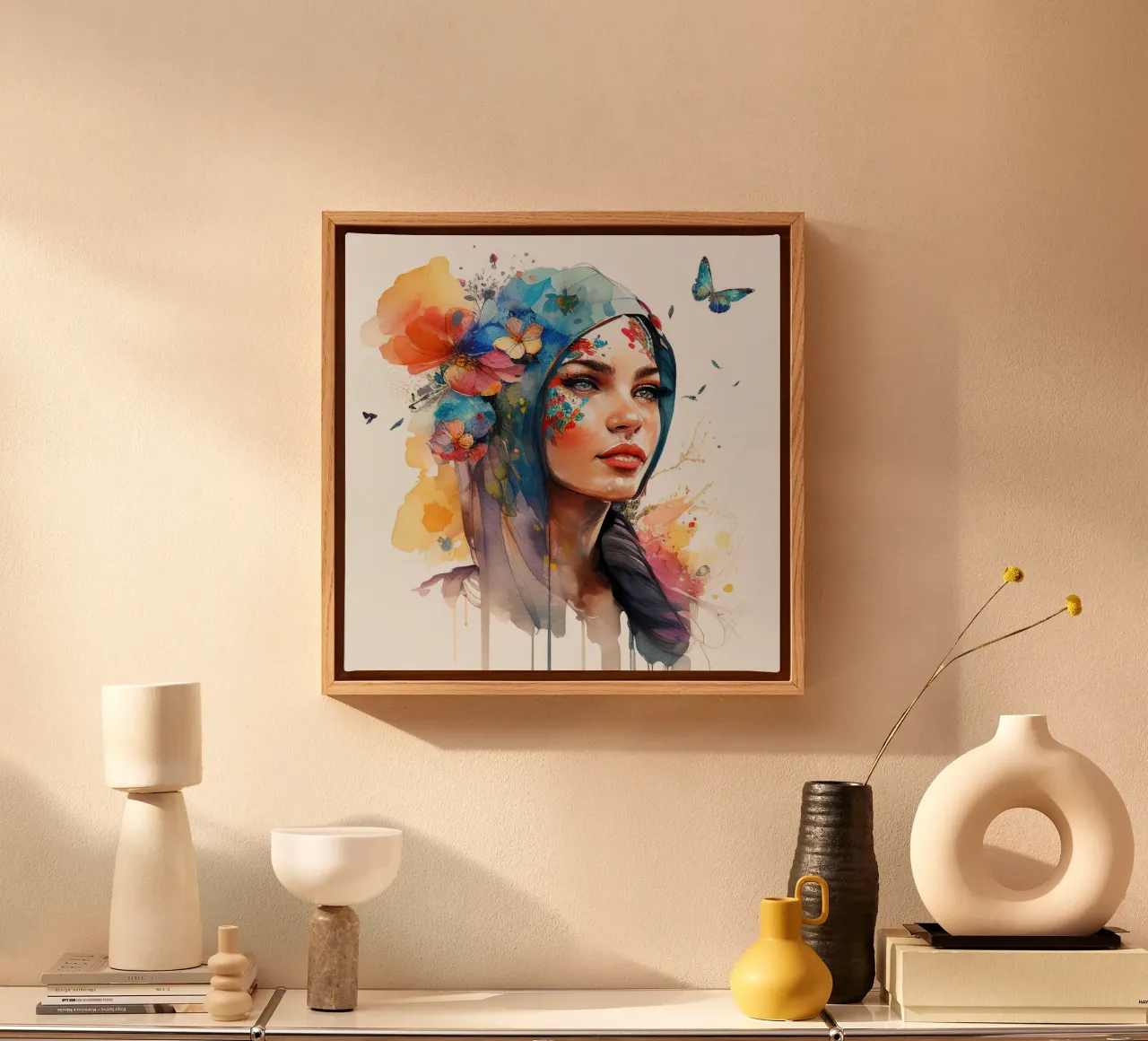 Acquerello floreale Donna araba tela con Cornice a cassetta da Chromatic Fusion Studio