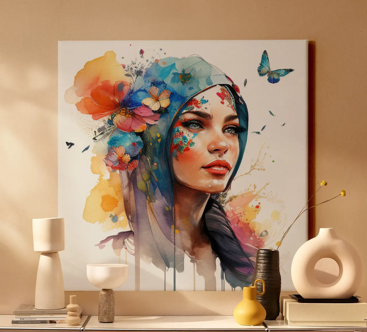Acquerello floreale Donna araba tela con Cornice a cassetta da Chromatic Fusion Studio