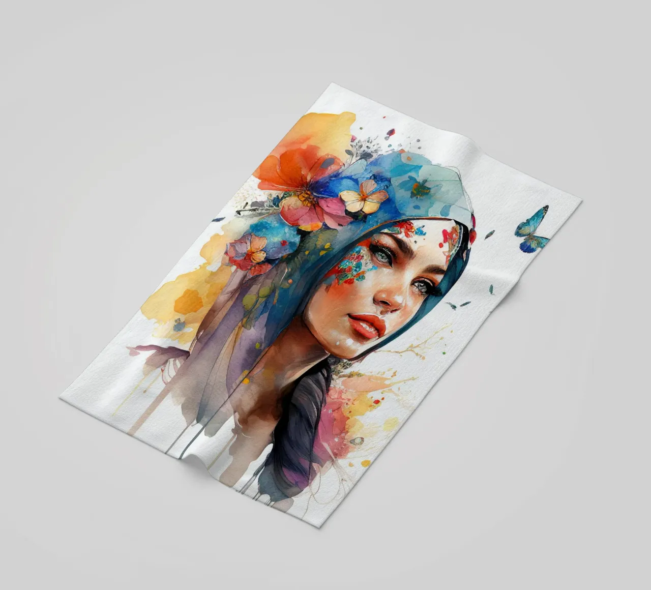 Acquerello floreale Donna araba telo mare da Chromatic Fusion Studio