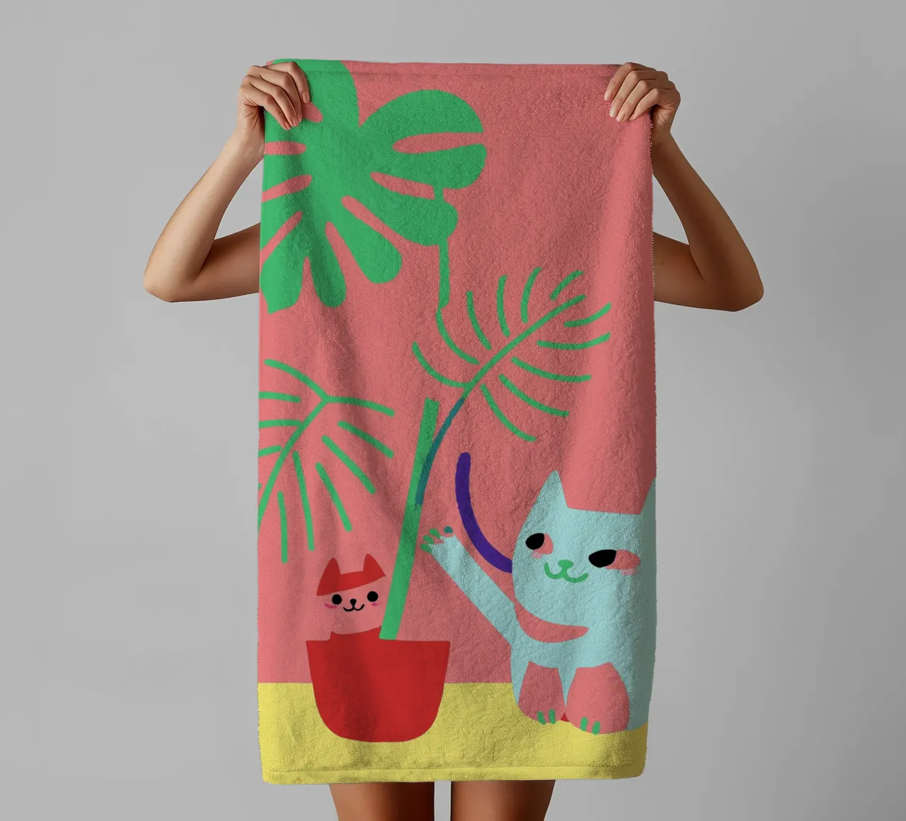 Fiori di Monstera e gatti asciugamano da bagno da TRENDY POSTER SHOP