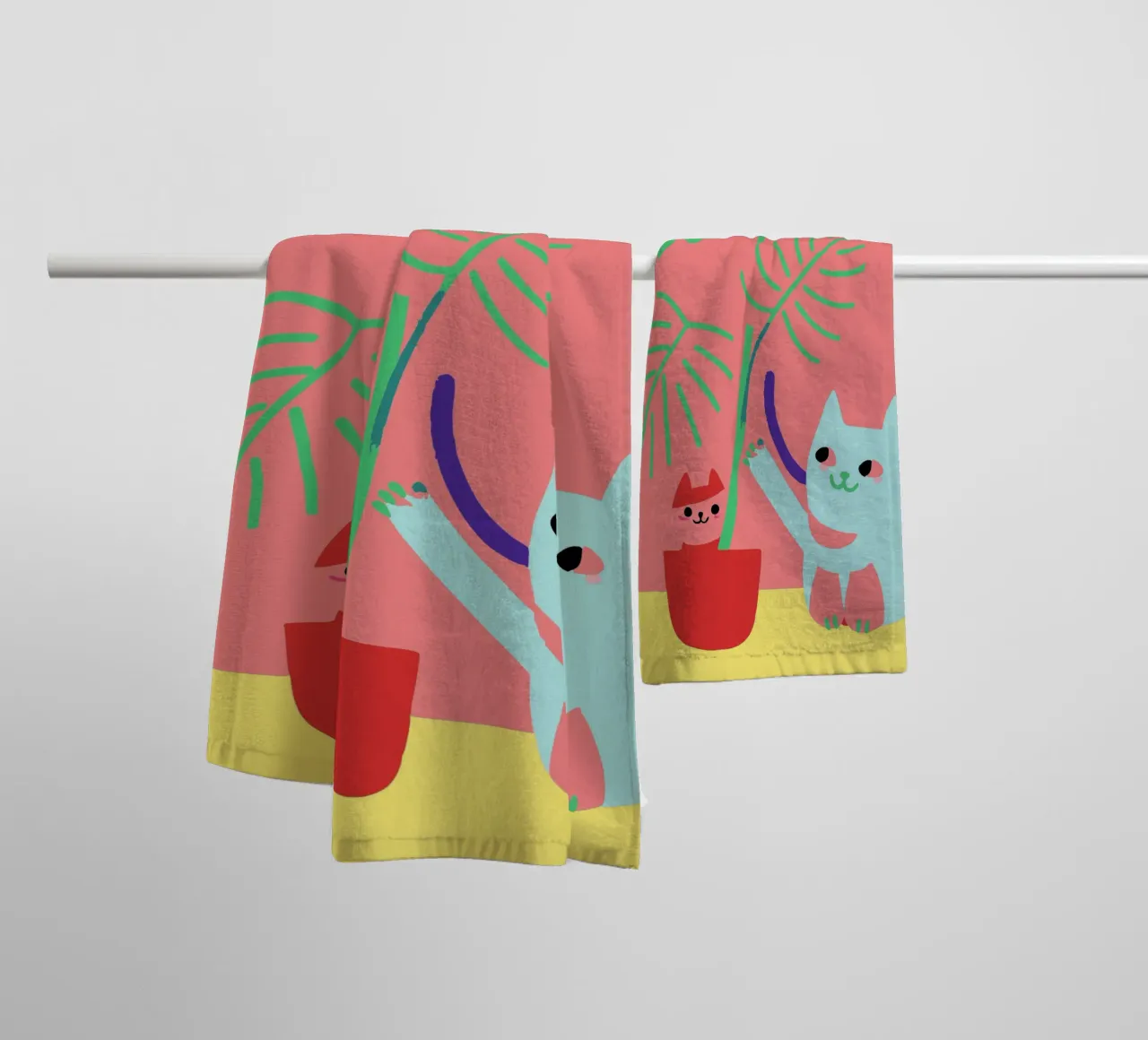 Fiori di Monstera e gatti asciugamano da bagno da TRENDY POSTER SHOP