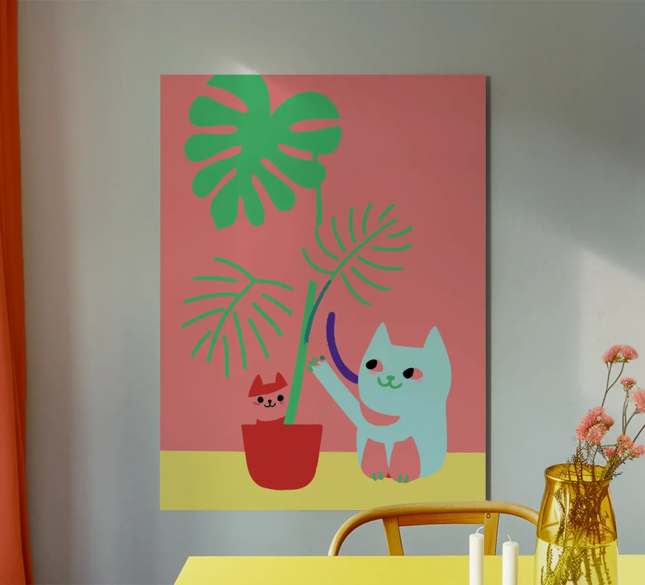 Fiori di Monstera e gatti alluminio dibond da TRENDY POSTER SHOP
