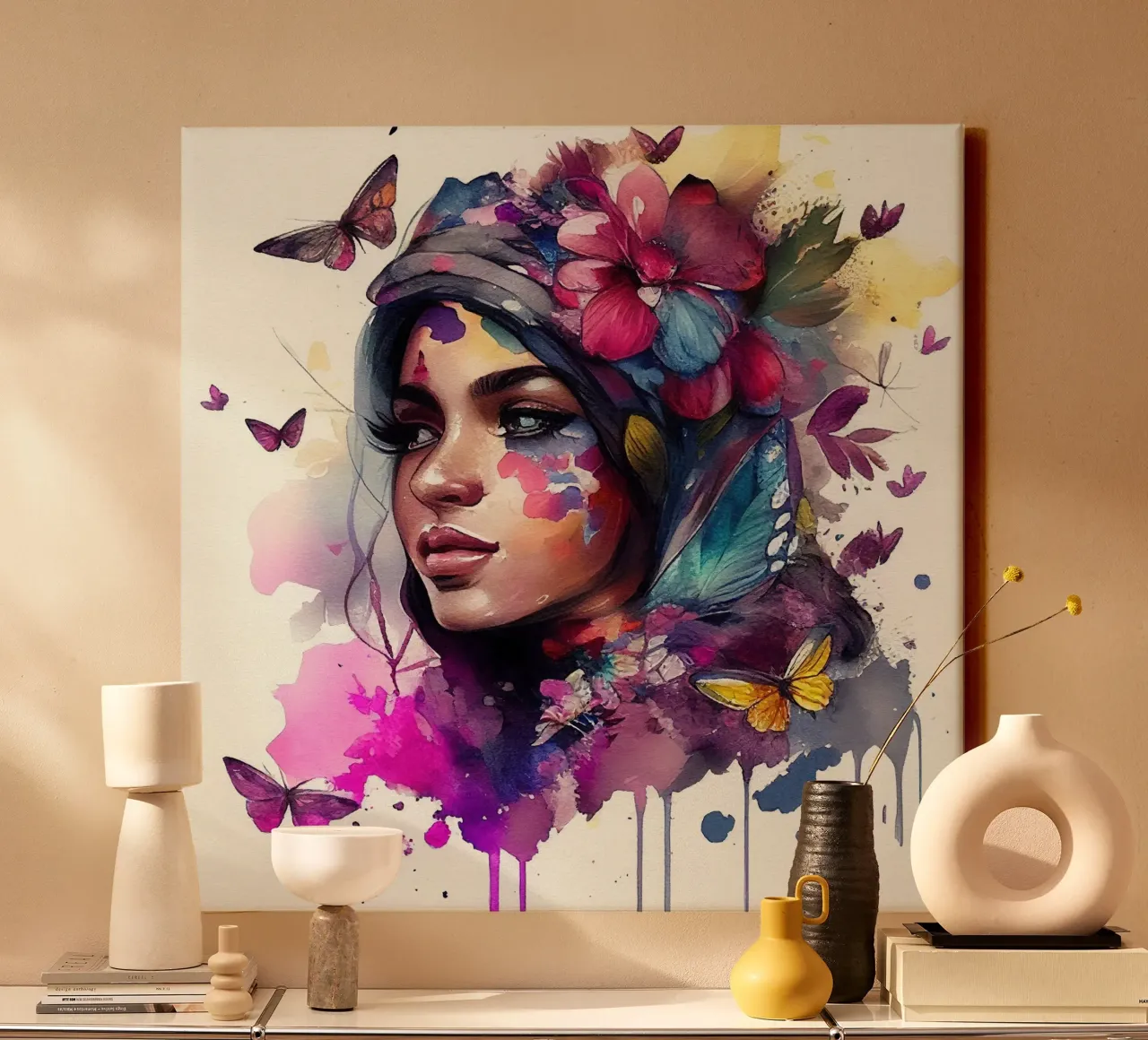 Acquerello floreale Donna araba tela con Cornice a cassetta da Chromatic Fusion Studio