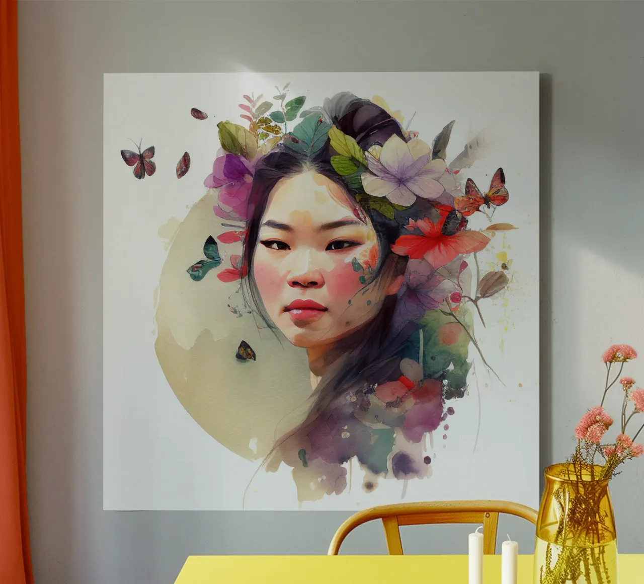 Acquerello floreale Donna asiatica tela con Cornice a cassetta da Chromatic Fusion Studio