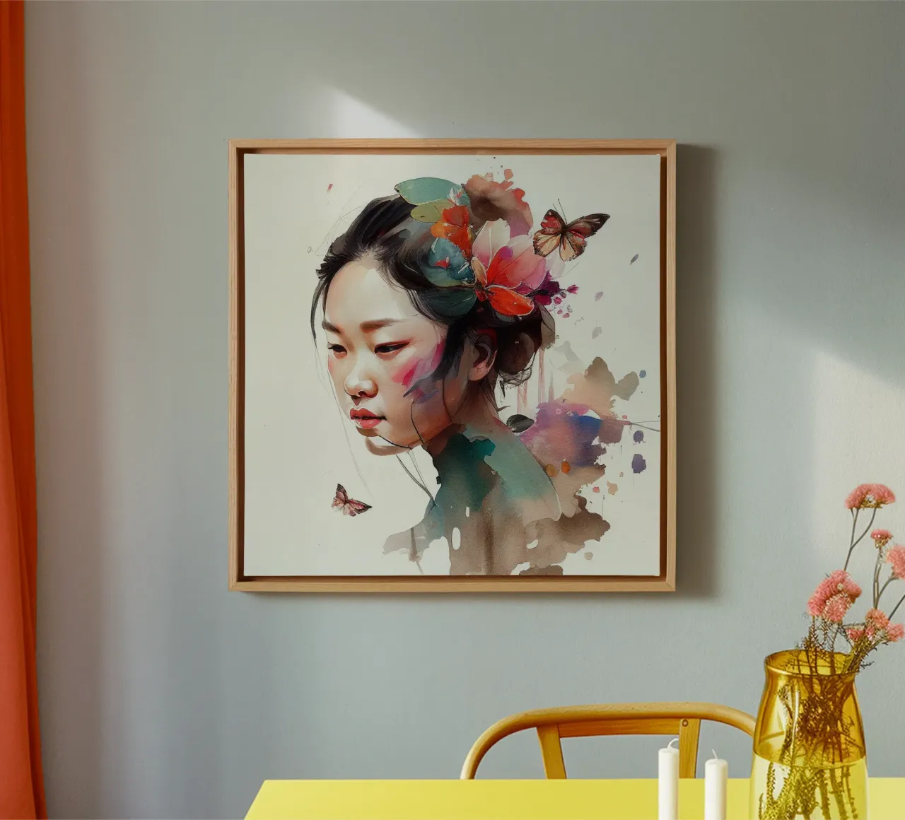 Acquerello floreale Donna asiatica tela con Cornice a cassetta da Chromatic Fusion Studio