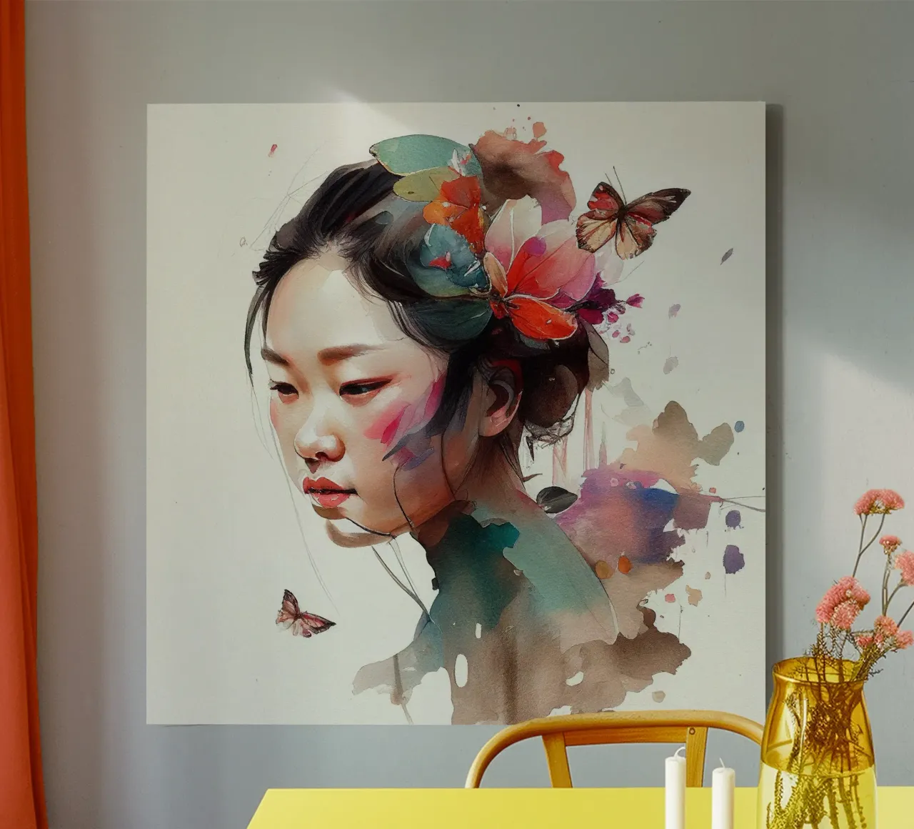 Acquerello floreale Donna asiatica tela con Cornice a cassetta da Chromatic Fusion Studio