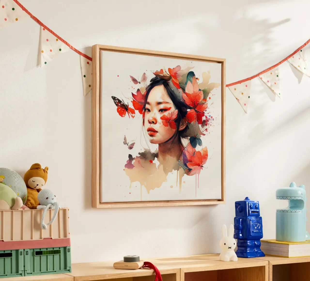 Acquerello floreale Donna asiatica tela con Cornice a cassetta da Chromatic Fusion Studio