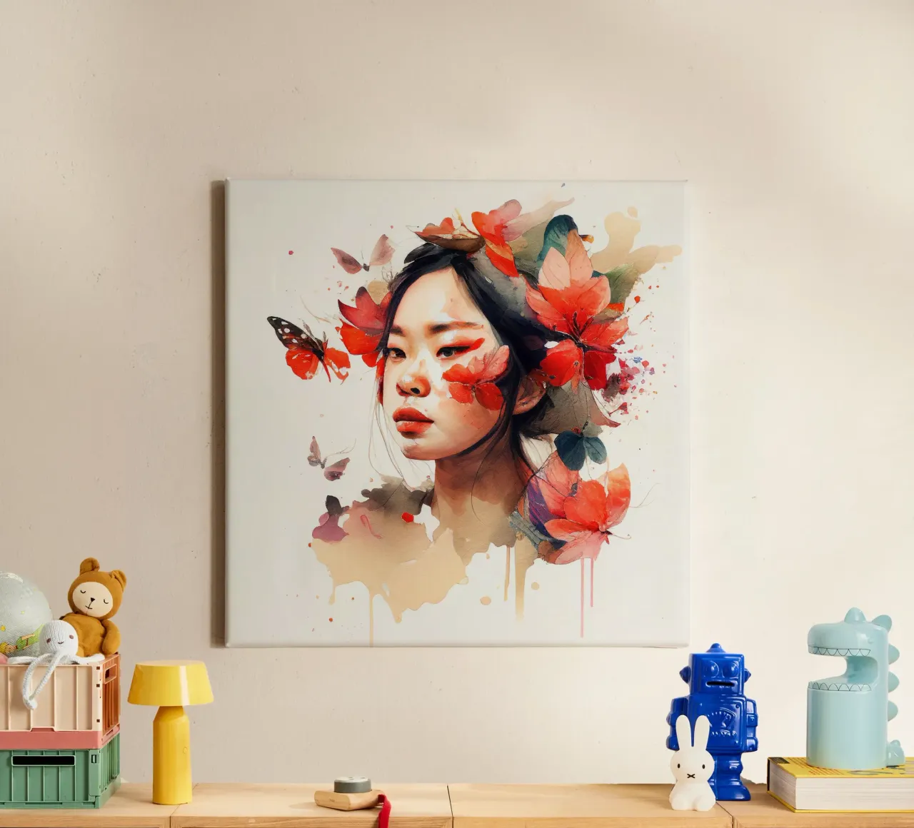 Acquerello floreale Donna asiatica tela con Cornice a cassetta da Chromatic Fusion Studio