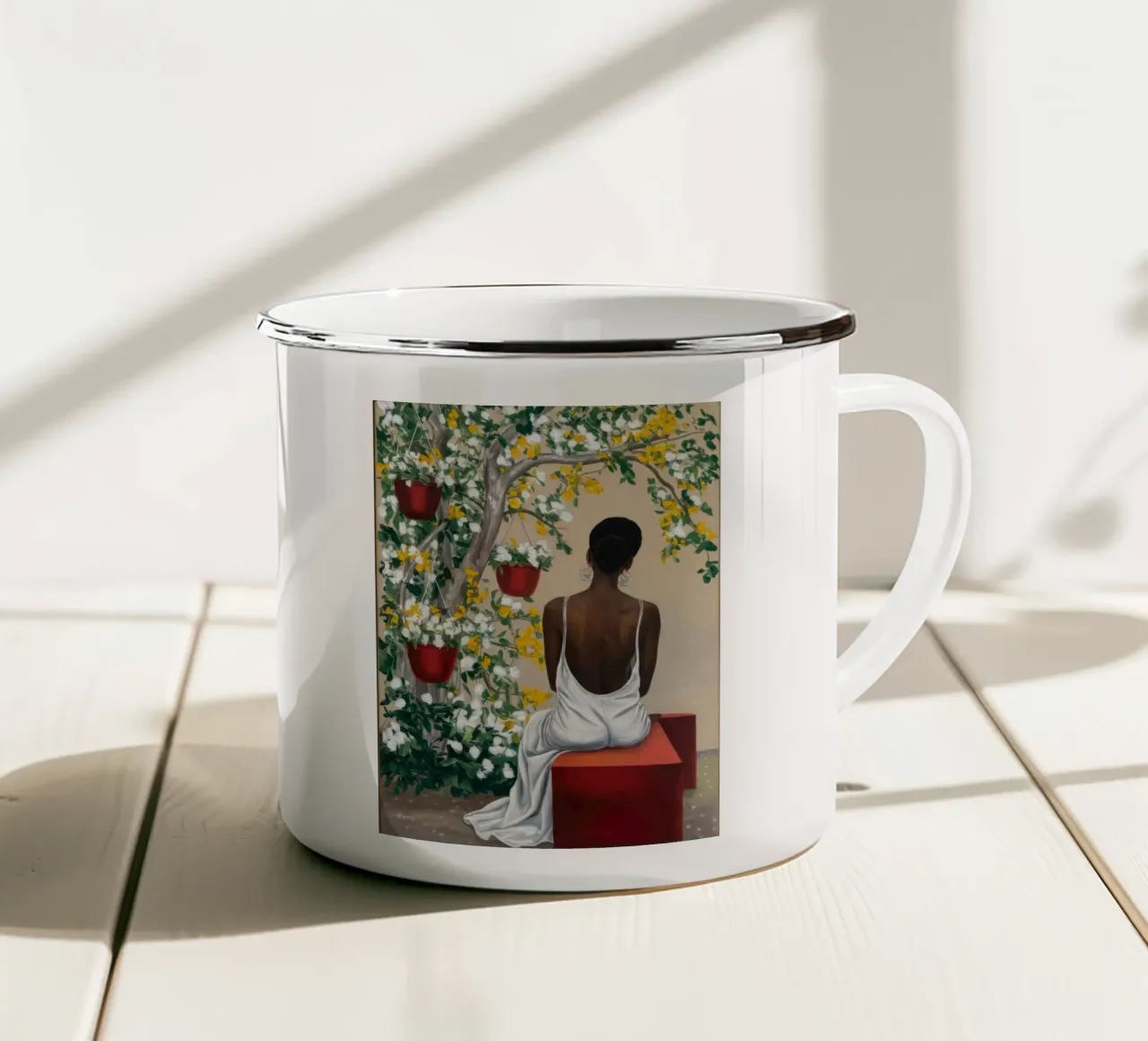 Contemplatieve tuin sereniteit emaille mok van Ebony Carpenter