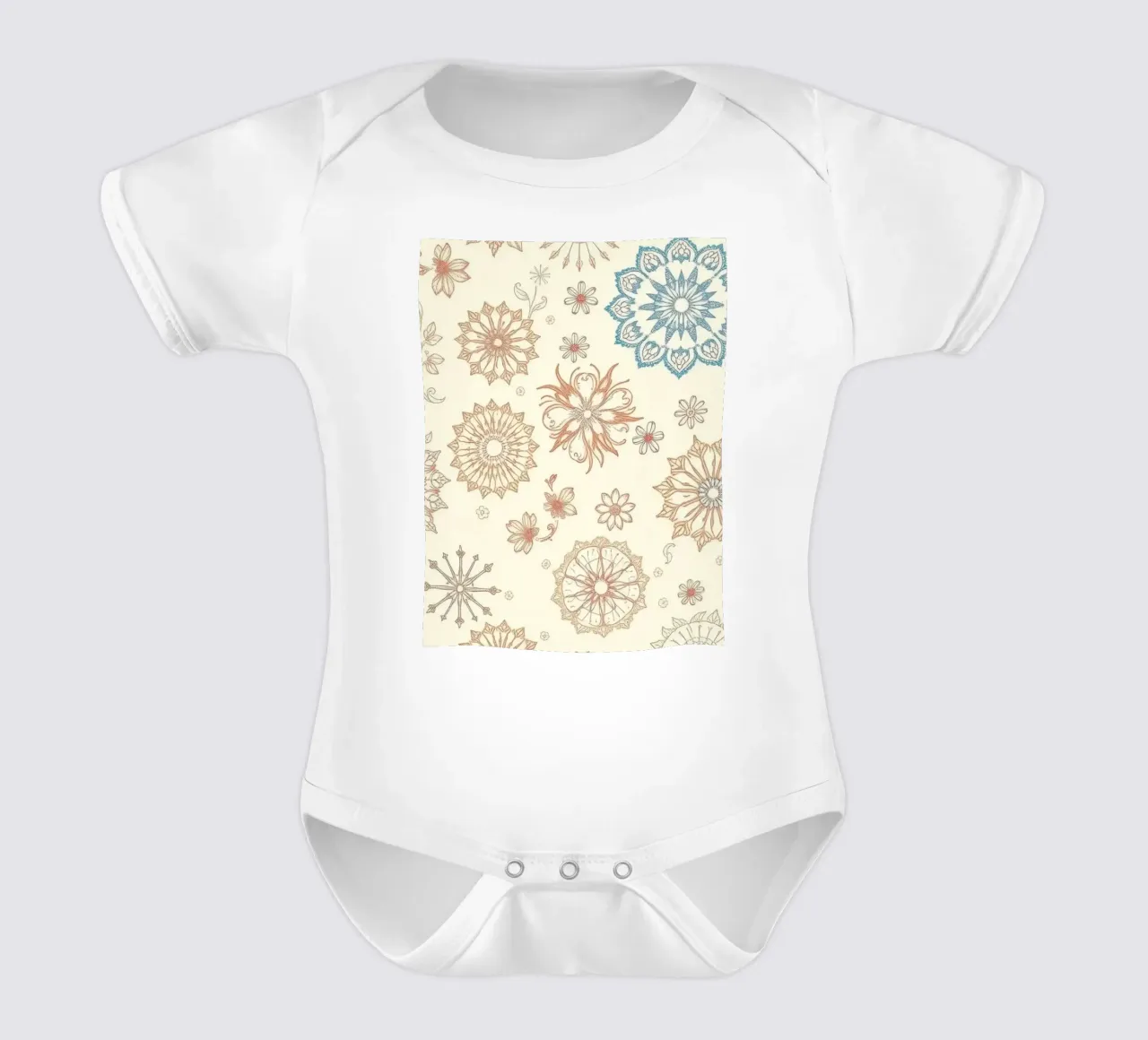 Floral pattern design with intricate detailing in soft tones short-sleeve baby romper by DesignDoodle