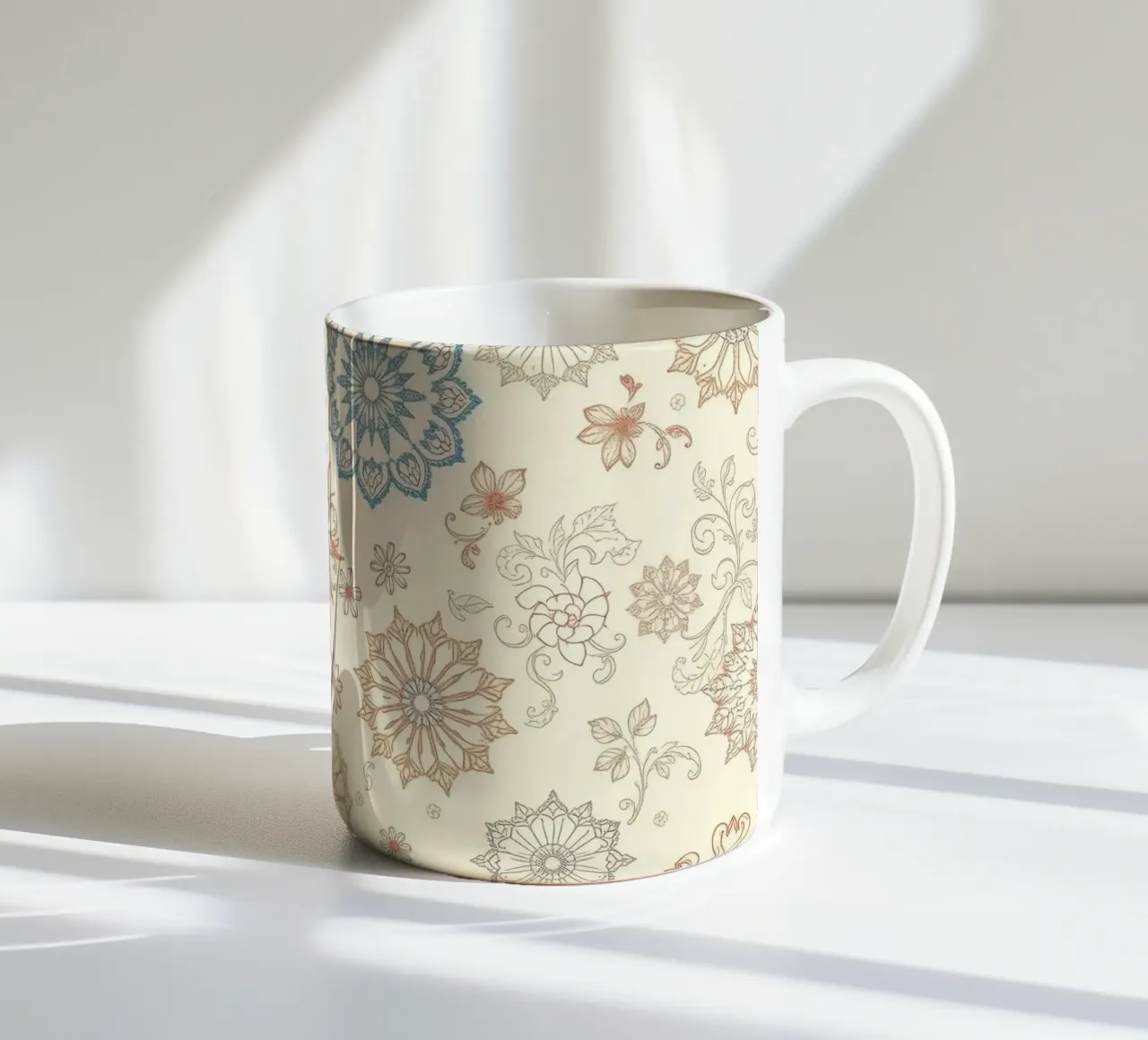 Floral pattern design with intricate detailing in soft tones ceramic mug by DesignDoodle