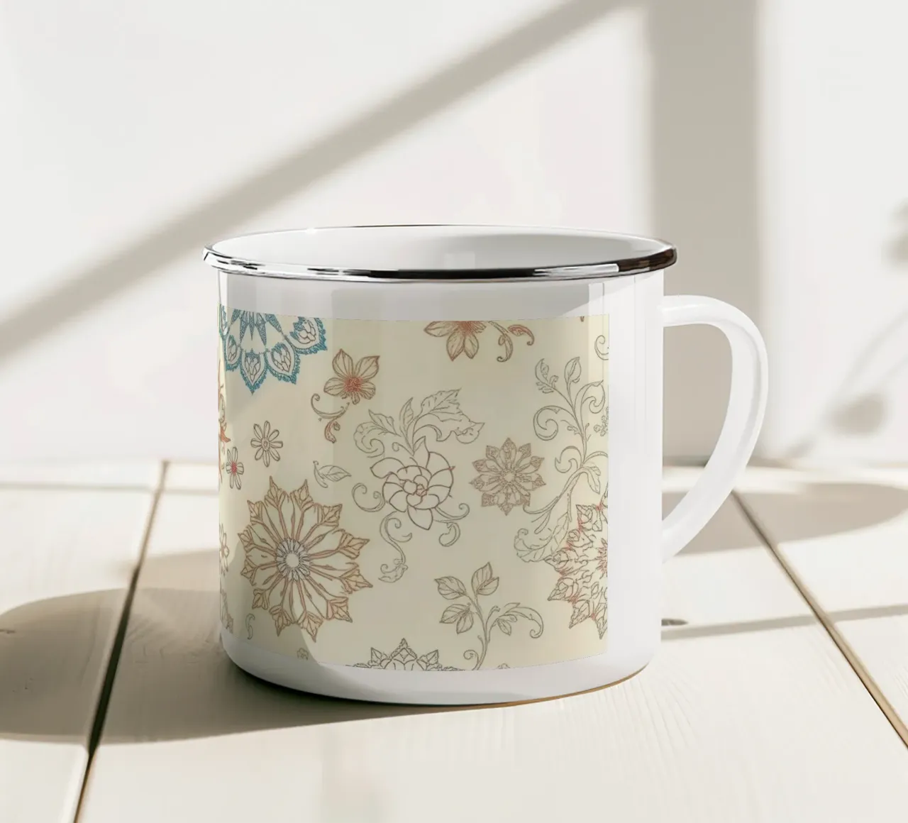 Floral pattern design with intricate detailing in soft tones enamel mug by DesignDoodle