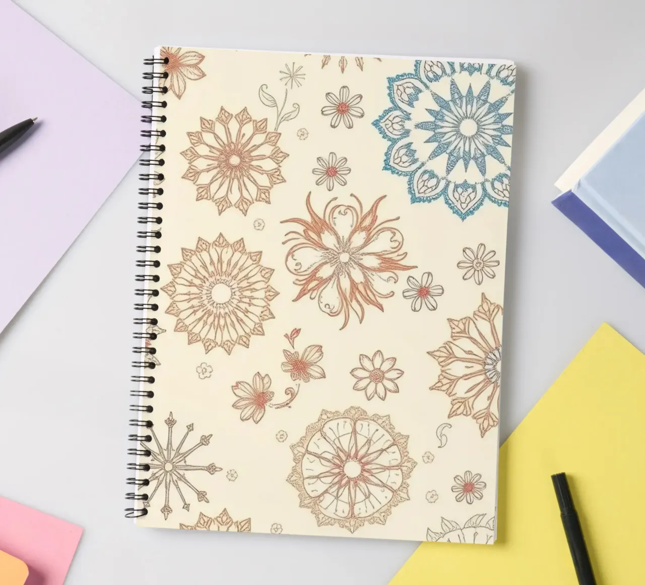 Floral pattern design with intricate detailing in soft tones spiral notebook by DesignDoodle