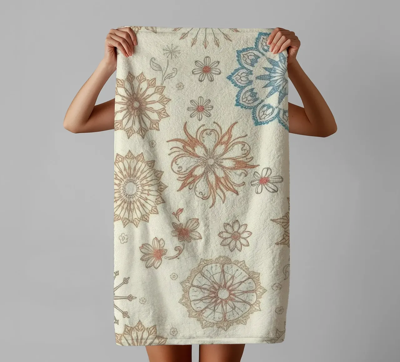 Floral pattern design with intricate detailing in soft tones towel by DesignDoodle