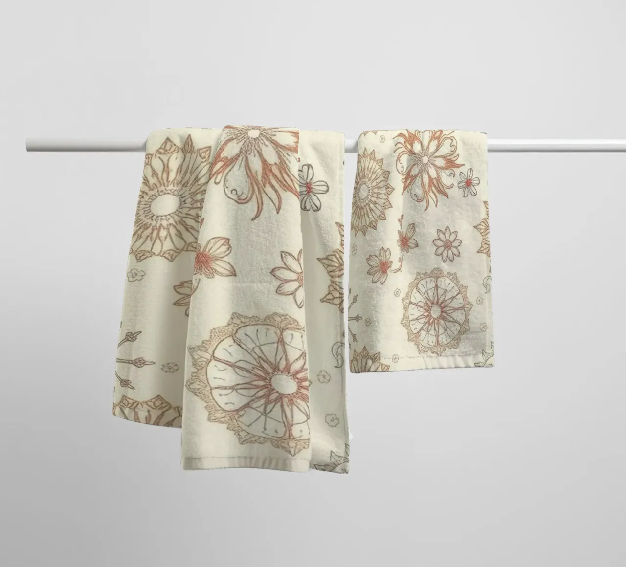 Floral pattern design with intricate detailing in soft tones towel by DesignDoodle
