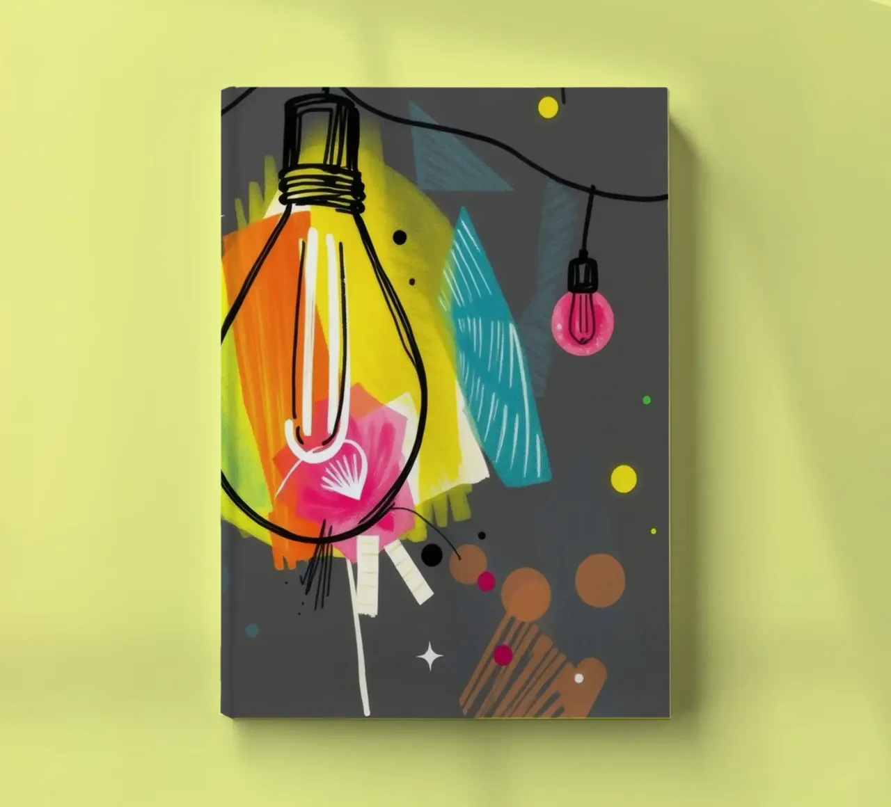 Colorful hanging lights illuminate a vibrant abstract art notebook by DesignDoodle